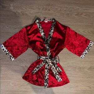Red Satin Women's Top with Leopard Trim